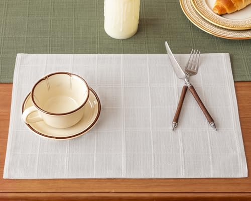 Linen Checked Placemats Set of 4, White Rustic Place Mats 12x18 Inch - color: White, size: 12×18 Inch (Set of 4)
