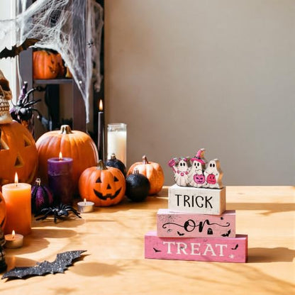 Smile Halloween Wooden Block Decor Ghosts Trick or Treat Pink Tiered Tray - style: Pink Halloween