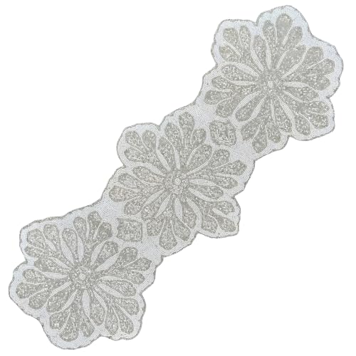 Beaded Table Runner 13 x 36 Inch - Handmade Glass Bead Decorative Table Runner for Dining Table, Coffee Table, Wedding, Farmhouse, Holiday & Seasonal Centerpiece Décor, Pearl White Silver - color: Pearl White Silver
