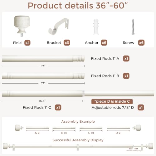 Antique White Wood Curtain Rod 36-60 Inch, Farmhouse Drapery Rods - color: Off White, size: 36"-60" (1 Pack)