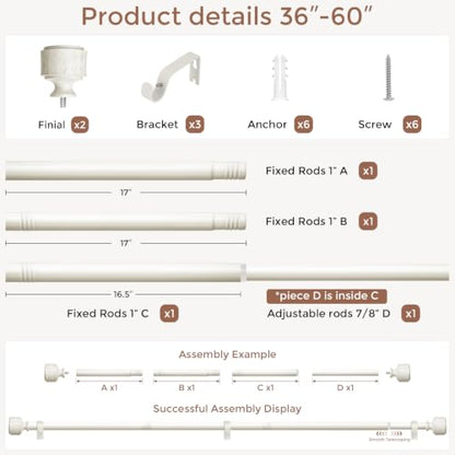 Antique White Wood Curtain Rod 36-60 Inch, Farmhouse Drapery Rods - color: Off White, size: 36"-60" (1 Pack)