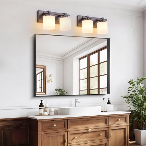 Modern Bathroom Light Fixtures Over Mirror, Vanity Lights for Bathroom Wall Sconces with Milky White Glass Shades, E26 Socket (Bulbs Not Included), 2 Light, Oil Rubbed Bronze - color: Oil-Rubbed Bronze, size: 12.20 inch-2-Light