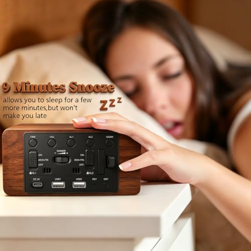 Premium Brown Wooden Digital Alarm Clock with Wireless Phone Charger, Dual USB Charging Ports, Dimmable LED Display, Date and Day of Week, Small Digital Desk Clock for Bedroom Nightstand Bedside Table - color: Brown