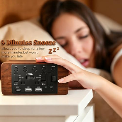 Premium Brown Wooden Digital Alarm Clock with Wireless Phone Charger, Dual USB Charging Ports, Dimmable LED Display, Date and Day of Week, Small Digital Desk Clock for Bedroom Nightstand Bedside Table - color: Brown