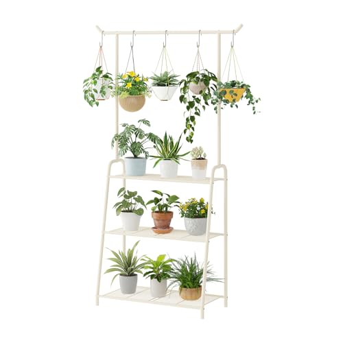 Kitsanery Plant Stand Indoor Outdoor,Metal Plant Stands for Multiple Plants,3 Tier Tall Hanging Plant Shelf,Large Heavy Duty Flower Holder Ladder Plant for Living Room, Patio, Balcony (White) - color: White