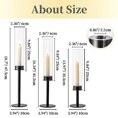 Hewory Black Candlestick Holders: 3PCS Glass Hurricane with Metal Base - color: Black, size: 3pcs