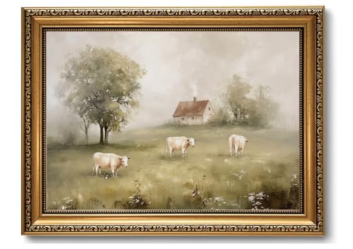 Vintage Farmhouse Cow Gold Framed Wall Art 12x16 | Rustic Farmhouse Wall Decor, Cow Landscape Canvas Print, Pastoral Countryside Picture - color: Cow pasture, size: 16"L x 12"W