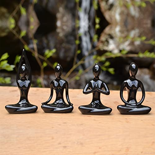 OwMell Lot of 4 Meditation Yoga Pose Statue Figurine Ceramic Yoga Figures - color: Black