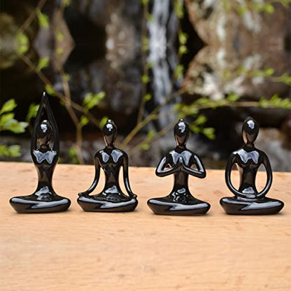 OwMell Lot of 4 Meditation Yoga Pose Statue Figurine Ceramic Yoga Figures - color: Black