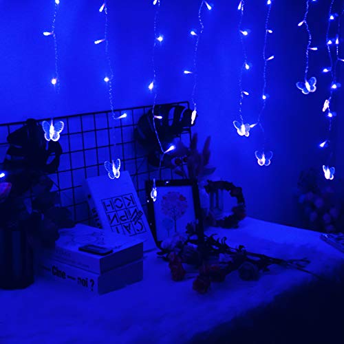 Butterfly Curtain Fairy Lights USB Plug in,8 Modes 120 LED 19.7FT Firefly Twinkle Timer String Lights with Remote, Waterproof Copper Wire for Bedroom Patio Christmas Wedding Party Dorm (Blue) - color: Blue