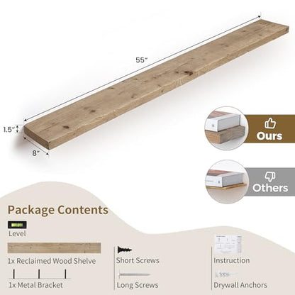 FLYJOE Solid Wood Floating Shelves, 8" Deep Rustic Reclaimed Barnwood Wall Hanging Floating Shelf with Invisible Heavy-Duty Metal Bracket | Wall Mounted | Farmhouse Style | 55 inches,1PC,Natural - color: Distressed Natural, size: 55inches-1P