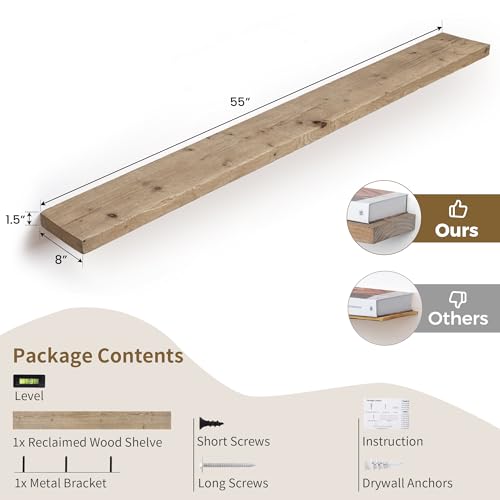 FLYJOE Solid Wood Floating Shelves, 8" Deep Rustic Reclaimed Barnwood Wall Hanging Floating Shelf with Invisible Heavy-Duty Metal Bracket | Wall Mounted | Farmhouse Style | 55 inches,1PC,Natural - color: Distressed Natural, size: 55inches-1P