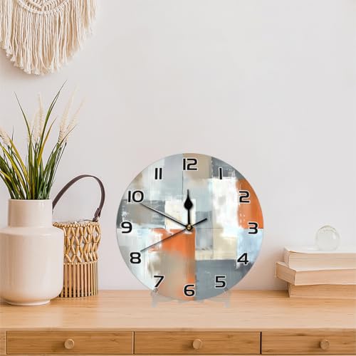 Abstract Orange Grey White Beige Art Wall Clock Battery Operated 10 in Round Wall Clocks Slilent Non Ticking Quartz Analog Clock for Bedroom Kids Living Room Classroom Decor - color: Abstract Orange Grey White Beige Art