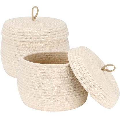 Sea Team Round Woven Cotton Rope Storage Basket with Lid, Cream, 2-Pack - color: Cream, size: Small/2-Pack