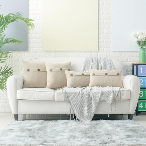 HWY 50 Cream White Chenille Throw Pillow Covers 12x20 Inch Buttons - color: Cream White, size: 20" x 12" (Pack of 2)