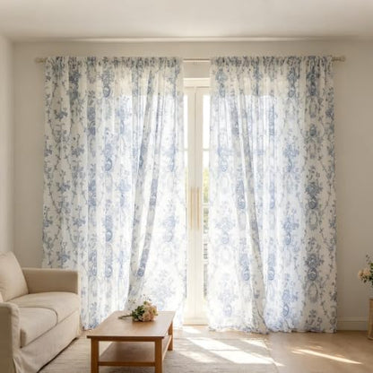 SUOUO Blue and White Toile Floral Semi Sheer Curtains 96 Inches 2 Panels - color: Blue-white, size: 52"W x 96"L (Pack of 2)