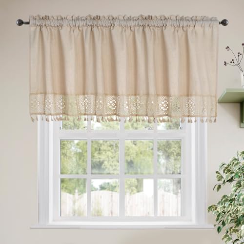 Molaxhome Linen Valances for Windows Boho Kitchen Valance Window Treatments - color: Beige, size: 59"W x 24"L (Pack of 1)