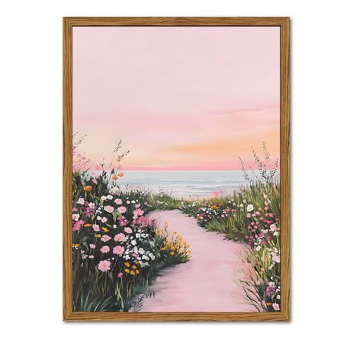 Framed Vintage Landscape Wall Art, Pink Floral Coastal Pictures Wall Decor, Rustic Wildflower Nature Paintings Canvas Prints Home Decor Aesthetic for Living Room Bedroom Bathroom 16x24 inch - color: Pink Floral Coastal, size: 24"L x 16"W