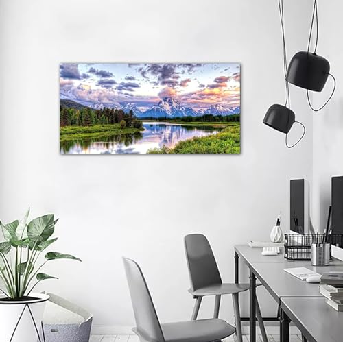 Grand Teton Canvas Wall Art Oxbow Bend Mountain River Pictures, 29"x58" - color: National Park, size: 58"L x 29"W