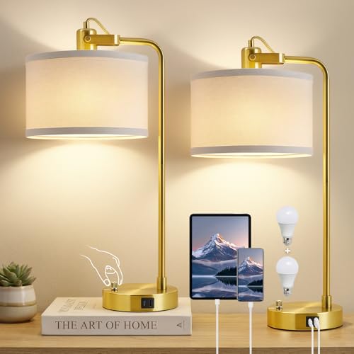 Gold Table Lamp Set of 2, USB A+C, 180° Adjustable Bedside Lamps, Dimmable - color: Gold-A