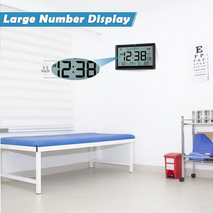 SZELAM Atomic Clock,10.5"Large Display Digital Wall Clock Battery Operated,Digital Calendar Auto Setting Desk Clocks with Indoor Temperature,Humidity,Date,Day,Auto DST for Elderly Bedroom-No backlight - color: 10.5" Atomic