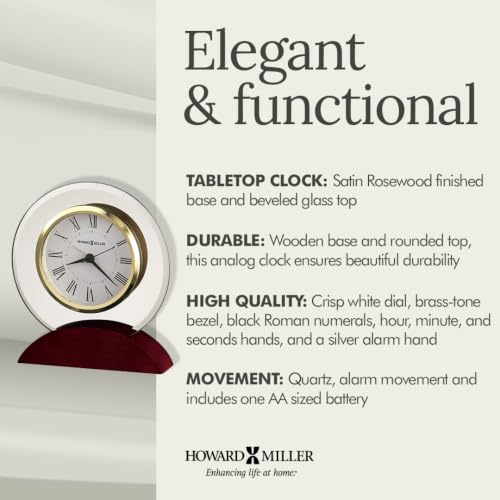 Howard Miller Dana Tabletop Clock – Curved Beveled Glass, Wooden Base, Battery Operated Alarm, Roman Numerals, Analog Desk Clock
