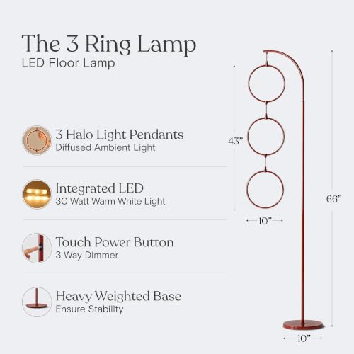 Brightech 3 Ring Lamp - 74" Dimmable LED Floor Lamp with 3 Hanging Light Rings, Modern Arc Standing Tree Lamp for Living Room, Bedroom and Office, 30W Warm White LED, Red - color: Red