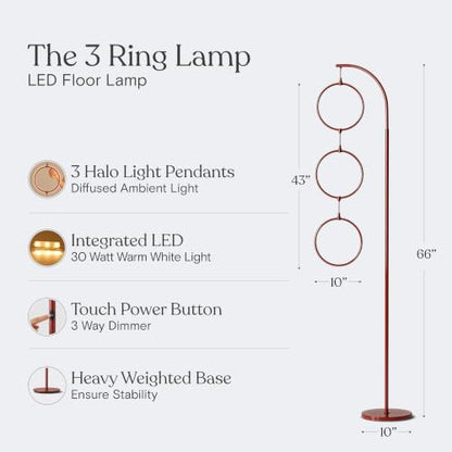 Brightech 3 Ring Lamp - 74" Dimmable LED Floor Lamp with 3 Hanging Light Rings, Modern Arc Standing Tree Lamp for Living Room, Bedroom and Office, 30W Warm White LED, Red - color: Red