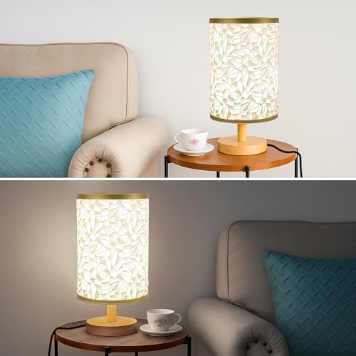 Desk Lamp LED Bulb Included, Small Bedside Table Lamp Plug-in - Classic Wood Base with Flaxen Fabric Shade, Lamps for Night Stands, Simple Nightstand Light for Bedroom, Office, Desk - color: Rose Gold