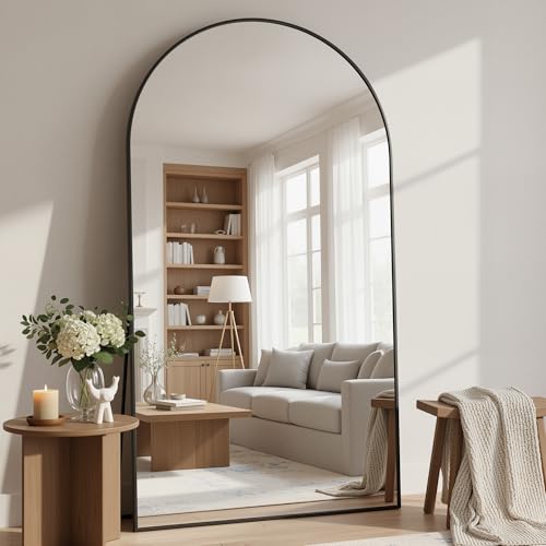 Full Length Mirror, 76"x44" Arched Floor Mirror Freestanding, Floor Standing Full Body Mirror with Stand for Bedroom, Hanging Mounted for Living Room Cloakroom, Black - color: Black, size: 76"L x 44"W