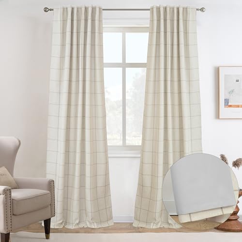 DriftAway 100% Blackout Plaid Linen Curtains 102 Inches Long 2 Panels Taupe - color: Taupe, size: 52"W x 102"L (Pack of 2)