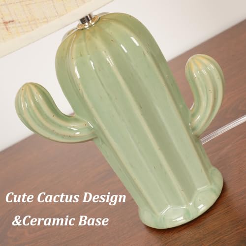 Cactus Desk Lamp, Modern Night Light with Fabric Lampshade, Ceramic Base, Adorable Bedside Table Lamp for Bedroom Nightstand