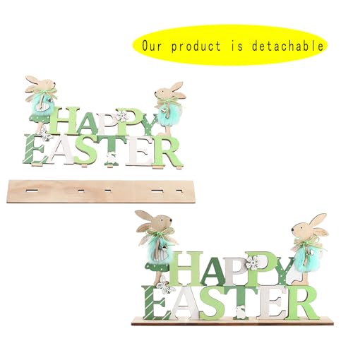 Easter Wooden Bunny Table Decorations Cute Easter Rabbit Tiered Tray Decor Rustic Bunny Table Centerpiece Sign for Spring Home, Farmhouse Tabletop Ornament(Green)