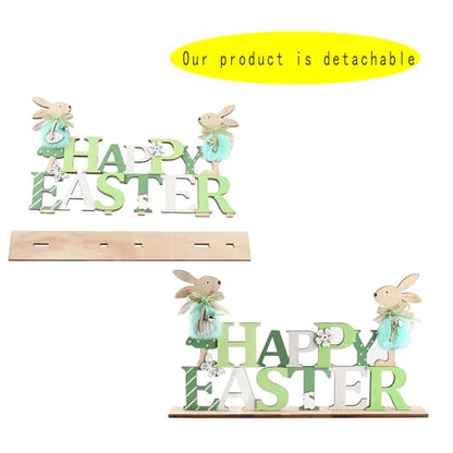Easter Wooden Bunny Table Decorations Cute Easter Rabbit Tiered Tray Decor Rustic Bunny Table Centerpiece Sign for Spring Home, Farmhouse Tabletop Ornament(Green)