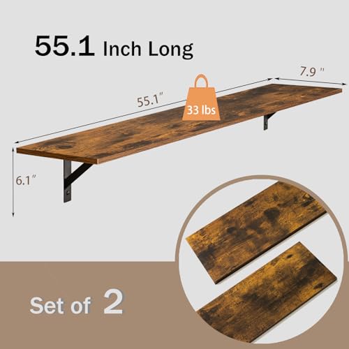 DINZI LVJ Long Wall Shelves, 55.1Inch Wooden Floating Shelves with Brackets - color: Rustic Brown, size: 55.1 Inch