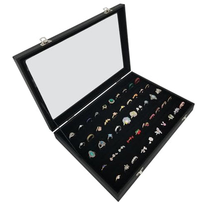 Women Ring Storage Box with 100 Slots & Clear Glass Lid - color: Black-100 rings