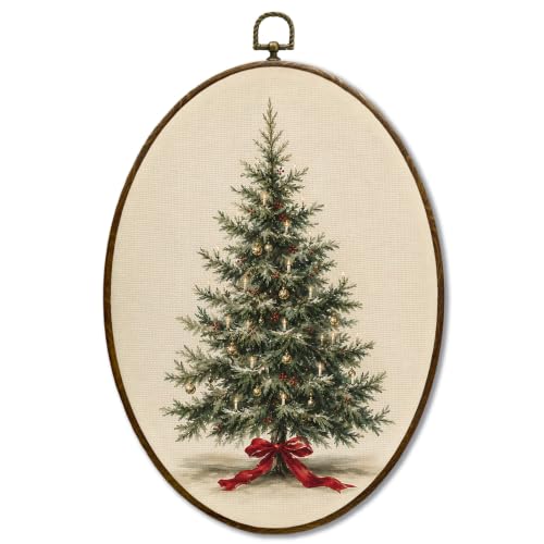 JQF Vintage Christmas Tree Red Bow Oval Wall Decor Framed 8.5x11.5 Inch - color: christmas tree-6
