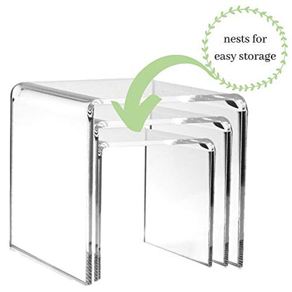 Clear Acrylic Display Risers Set of 3, Assorted 4 5 6 Inch Retail Pedestals, Transparent Tabletop Stands for Jewelry, Figurines, Crafts, Collectibles, Store Fixtures, Dessert Table and Product Displays