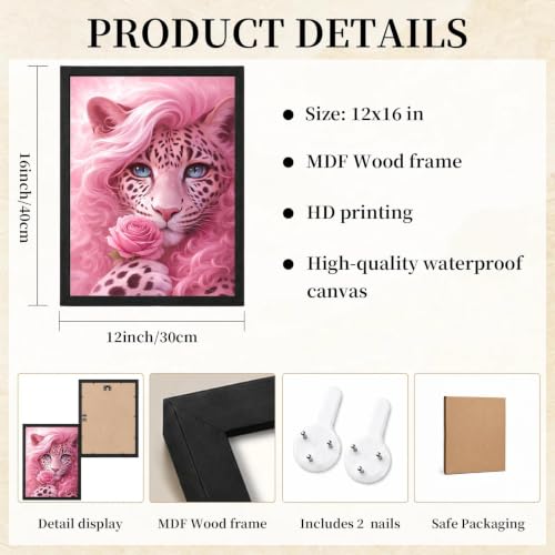 Black Framed Leopard Wall Art, Pink Pictures Wall Decor, 12x16 in - color: Pink-Leopard