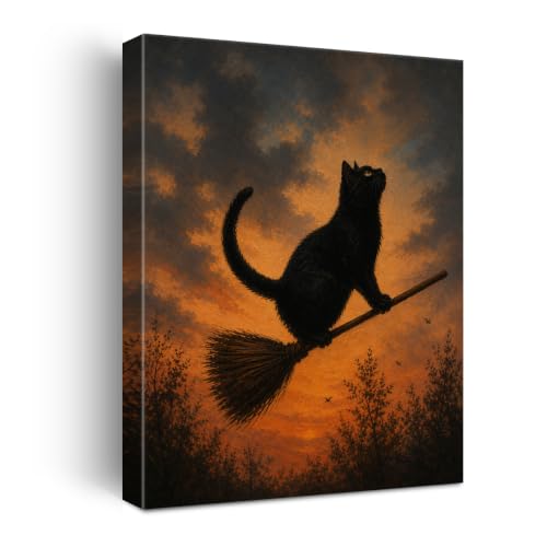 Halloween Wall Art Framed Canvas Print Black Cat Broom Poster - color: O