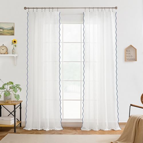 DriftAway Semi Sheer Scalloped Edge White Coastal Beach Window Curtains for Living Room Bedroom 2 Panels Rod Pocket Each Size 52 Inch by 96 Inch Navy - color: White Navy, size: 52"W x 96"L (Pack of 2)