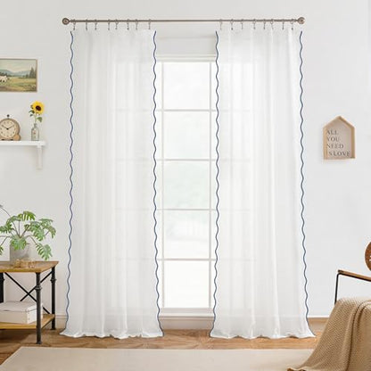 DriftAway Semi Sheer Scalloped Edge White Coastal Beach Window Curtains for Living Room Bedroom 2 Panels Rod Pocket Each Size 52 Inch by 96 Inch Navy - color: White Navy, size: 52"W x 96"L (Pack of 2)