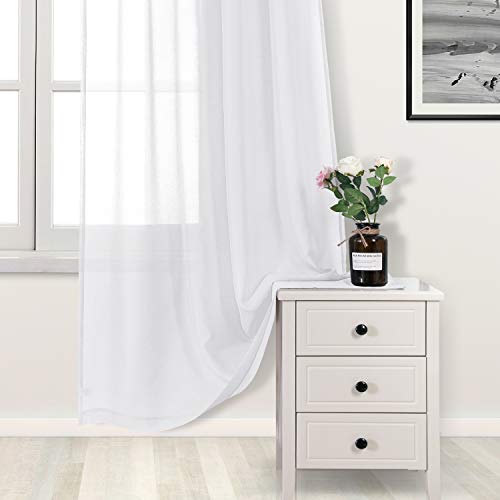 DWCN White Sheer Curtains Linen Look Grommet Long Curtain for Bedroom Voile Sheer Drapes Set of 2 Panels, 52 x 108 Inch Length - color: White, size: 52"W x 108"L (Pack of 2)