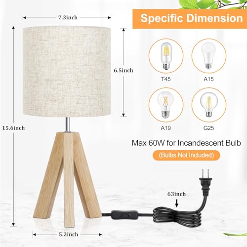 Small Table Lamp, Wooden Tripod Nightstand Lamp with Linen Fabric Shade, Cute Boho Modern Bedside Nightstand Lamp for Bedroom, Living Room, Nursery, Kids Room, Office, Dorm, Bulb Not Included - color: Beige