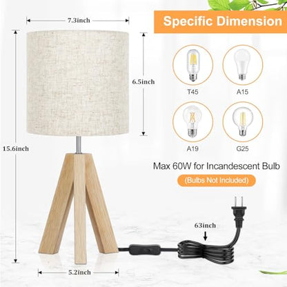 Small Table Lamp, Wooden Tripod Nightstand Lamp with Linen Fabric Shade, Cute Boho Modern Bedside Nightstand Lamp for Bedroom, Living Room, Nursery, Kids Room, Office, Dorm, Bulb Not Included - color: Beige