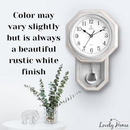 Pendulum Wall Clock, Real Wood Regulator Clock, White, Quiet Non-Chiming - color: Rustic White With Arabic Numerals