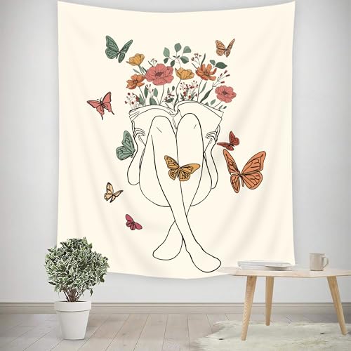 Abstract Woman Tapestry Boho Butterfly Floral Reading Book Wall Hanging - color: Abstract Woman（Beige）, size: 59"L x 51"W