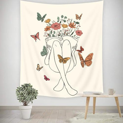 Abstract Woman Tapestry Boho Butterfly Floral Reading Book Wall Hanging - color: Abstract Woman（Beige）, size: 59"L x 51"W