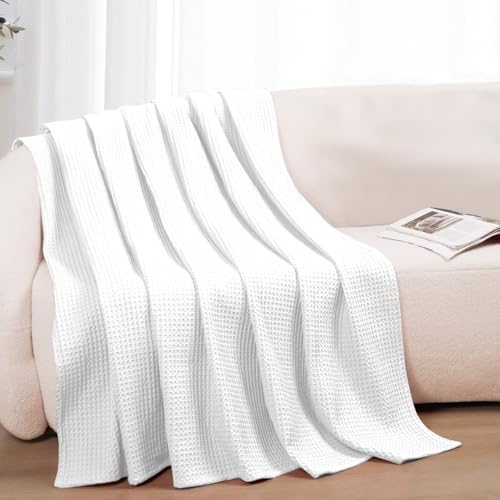 100% Cotton Blankets for Bed - Waffle Weave Blankets for Summer, Lightweight and Breathable Soft Woven Blanket for Spring (White, Throw (50" x 60")) - color: White, size: Throw (50" x 60")