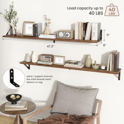 Axeman 48 Inch Floating Shelves, 8 Inch Deep Brown Wall Shelves Set of 2 - color: Rustic Brown, size: 47.3 Inch